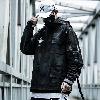 Moda Techwear Black Hooded Jakna Moški Več Žepi Tovora Vrhnja Oblačila Ulične Funkcionalne Jopiči, Moški Plašč