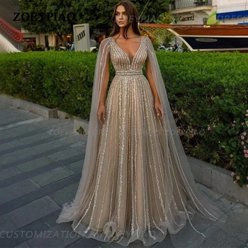 Šampanjec Arabija Bleščice Princesa Formalno Prom Obleke V Vratu Dolgo Sijoče Beading A-Line Večerno Obleko Dubaj Nevesta Stranka Oblek