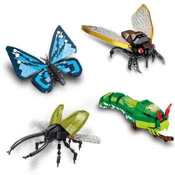 ToylinX Ponaredek Bugs Stavbe Nastavite Živali Insektov Gosenicah Gradnik Kit Cicada Caterpillar Metulj Hercules Hrošč Igrača za Otroka