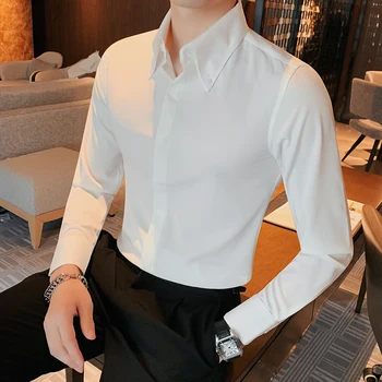 2024 Solid Majica Moški Dolge Rokave Vrhovi Moški Korejski Udobno Bluze Priložnostne Slim Fit, Klasičen Beloprsi Singl Ulične E77
