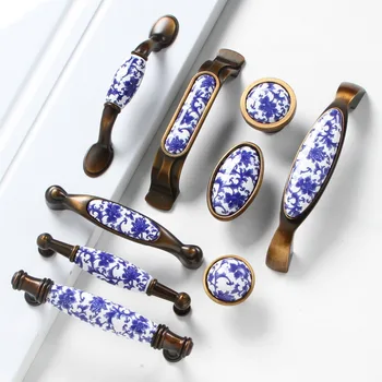 1pcs Moda ustvarjalne modre keramike, pohištva ročaj bronasto predal omare potegnite antik medenina bela in modra porcelana
