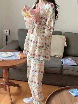 QWEEK Kawaii Gaza Nosi Pižamo Tiskanja Sleepwear Bombaž korejskem Slogu Jopico Domov Oblačila z Dolgimi Rokavi Pijamas Jesen Pomlad
