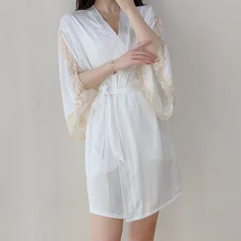 Tulin Moda Priložnostne Saten Ženske Haljo Seksi Sleepwear Svoboden Kimono Kopalni Plašč Obleke Z Čipke Družico Poroko Nightgown Perilo
