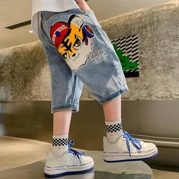 Fantje Hlače Priložnostno 2022 Poletje Novo Otrok Trend Tiskanje korejski Tele-dolžina Denim za Otroke Najstniških Ohlapne Kratke Jeans Oblačila