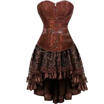 Pirat Korzet Obleko za Ženske Steampunk Usnje Overbust Korzet Vrh Z Viktorijansko Asimetrični Ogrlicom Saten Čipke Trim Obleko
