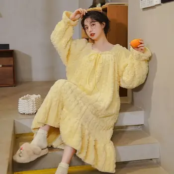 Flis Nightgown Sleepwear Ženska Korejskem Slogu Ruffles Obleko Noč Enem Kosu Pižamo Zimo Dolgo Sleeve Solid Domov Nositi Nova