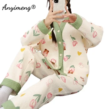 Jeseni, Pozimi Bombažno Pižamo za Ženske Kimono Jopico HQ Debele Pijamas Moda Pižame Kawaii Sleepwear Toplo Loungewear