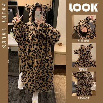 2023 Nove Zimske Plišastih Koralni Žamet Pižamo Ženske Hooded Leopard Haljo Domov Nositi Ženske