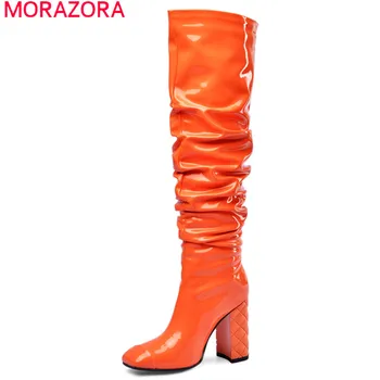 MORAZORA 2022 velike velikosti 45 žensk kolena visoki škornji kvadratni toe zdrsne na jesenski zimski čevlji, visoke pete stranka, Nočni Klub, ženska, Čevlji