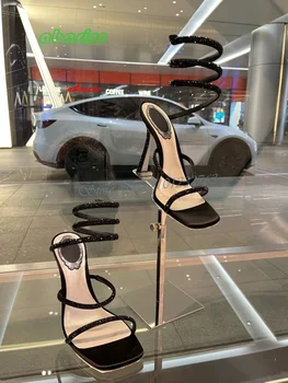 Ženske Nosorogovo Kača Navijanje Seksi Visokih Petah Kvadratni Toe Stiletto Saten Poletne Sandale Zdrsne Na Nov Prihod 2023 Elegantni Čevlji