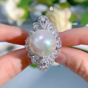 Ročno 16 mm Pearl Diamant Prstan iz 100% Realno 925 sterling srebro Stranka, Poročni bend, Obroči za Ženske Poročne Posla Nakit