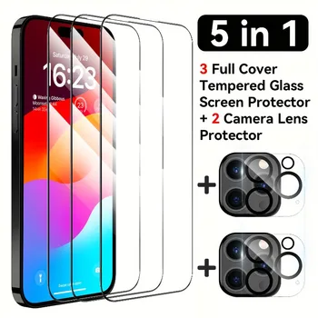 5 V 1 Polno Kritje Kaljeno Steklo Zaščitnik Zaslon z Objektivom Fotoaparata Protector Za IPhone 15 Pro Max 14 Pro 13 12 11 Pro Mini