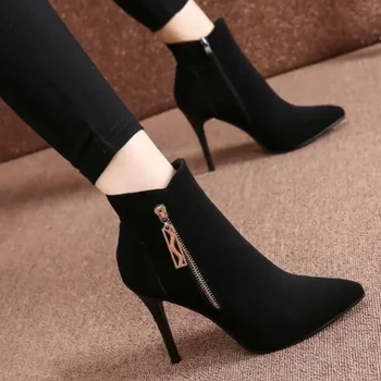 Novo Črno Ženske Visoko Peto Kratka Čevlji Europea Slog Pozimi ShoesPointed ToeAnkle BotasThin HeelSide Zapatillas Mujer