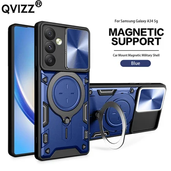 Stran Avto Kamera Mount Magnetno Ohišje za Samsung Galaxy A34 Luksuzni Nosilec Vojaške Shockproof Telefon Kritje SamsungA34 GalaxyA34