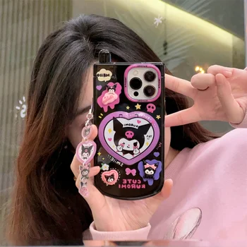 3D Srčkan Risanka Sanrio Hello Kitty Kuromi Skriti Ličila ogledalo Primeru Telefon Za iPhone 15 14 13 12 11 Pro Max Mehko TPU Pokrov