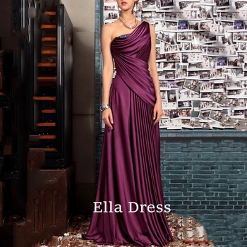 Ella A-linije elegantne eno-ramo vijolično saten naguban dolgo formalno obleko po meri tla-dolžina večerno obleko, ki je primerna za ženske