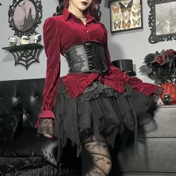 Goth Elegantno Temno Žametno Prugasta Gothic Vintage Bluze Ruffles Robom Slim Gumb Gor Ženske Majice Jeseni Dolg Rokav Moda Krpo
