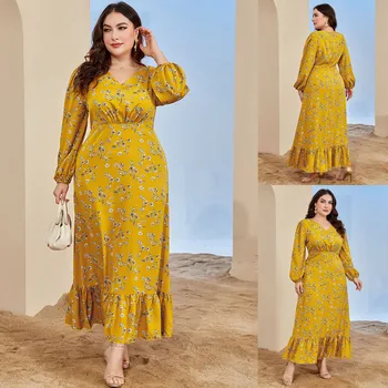 Plus Velikost 4XL Abaya Muslimansko Obleko Ženske Dolg Rokav Poletje Retro Cvjetnim Tiskanja Maxi Dolgo Obleko turški Islamska Oblačila Ramadana