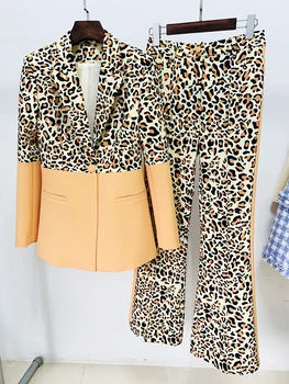 HIGH STREET Najnovejši 2023 Oblikovalec vzletno-pristajalne Steze bo Ustrezala Nastavite Žensk En Gumb Leopard Natisnjeno Barvo Jopič Flare Obleko Hlače